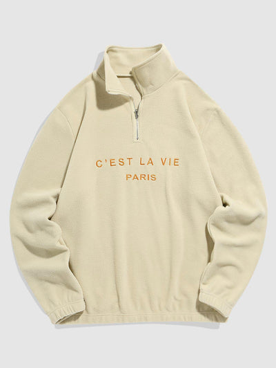 Mens C' EST LA VIE Letter Embroidered Quarter Zip Polar Fleece Sweatshirt