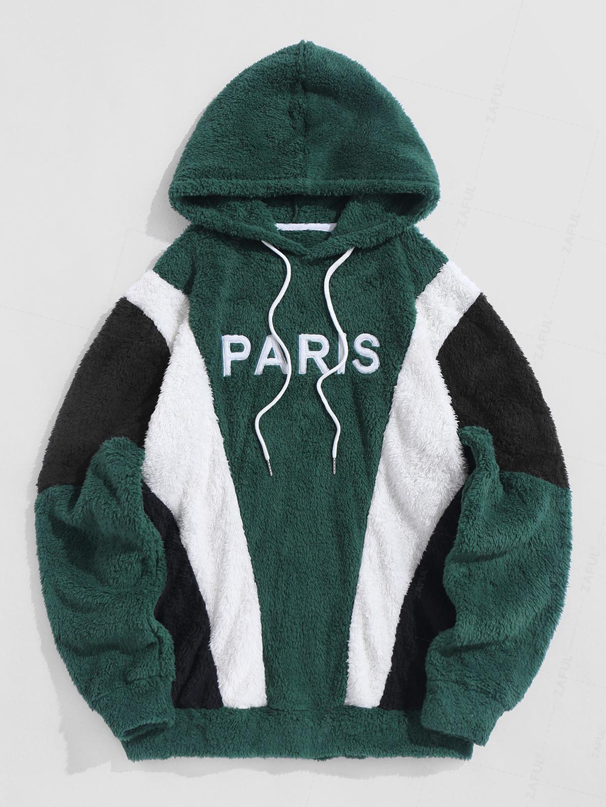 PARIS Embroidered Fuzzy Pullover Faux Fur Hoodie