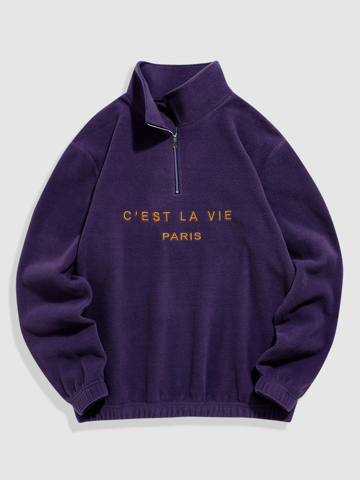 Mens C' EST LA VIE Letter Embroidered Quarter Zip Polar Fleece Sweatshirt