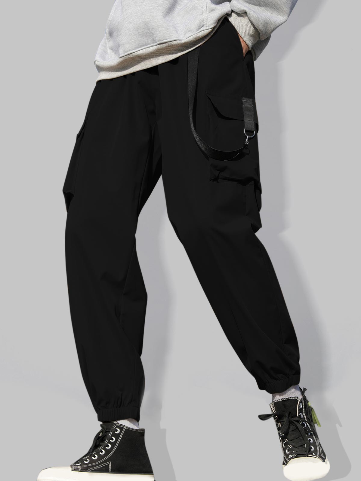 Strap Design Multi Pockets Solid Color Cargo Pants