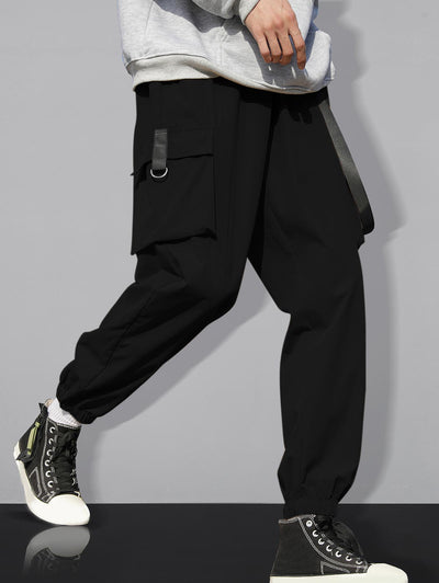 Strap Design Multi Pockets Solid Color Cargo Pants Kosyway