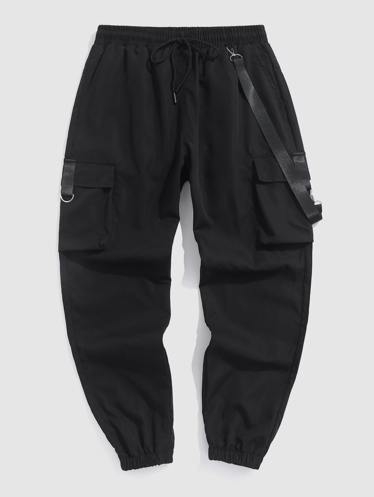 Strap Design Multi Pockets Solid Color Cargo Pants