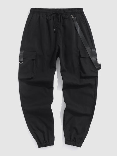 Strap Design Multi Pockets Solid Color Cargo Pants Kosyway