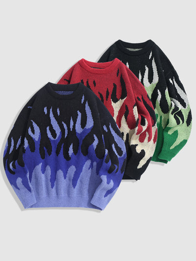 Mens Y2K Aesthetic Flame Pattern Casual Sweater