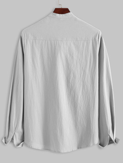 Mens Cotton and Linen Textured Long Sleeves Henley Shirt