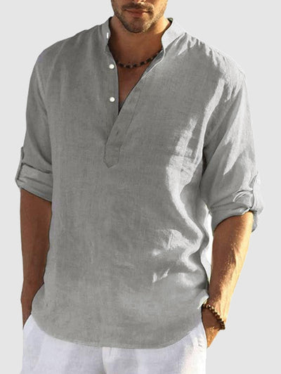 Mens Cotton and Linen Textured Long Sleeves Henley Shirt