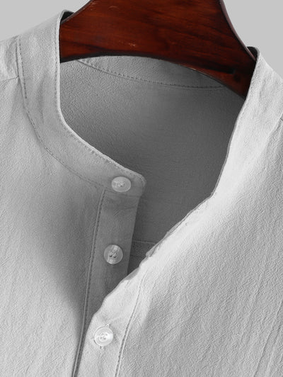 Mens Cotton and Linen Textured Long Sleeves Henley Shirt