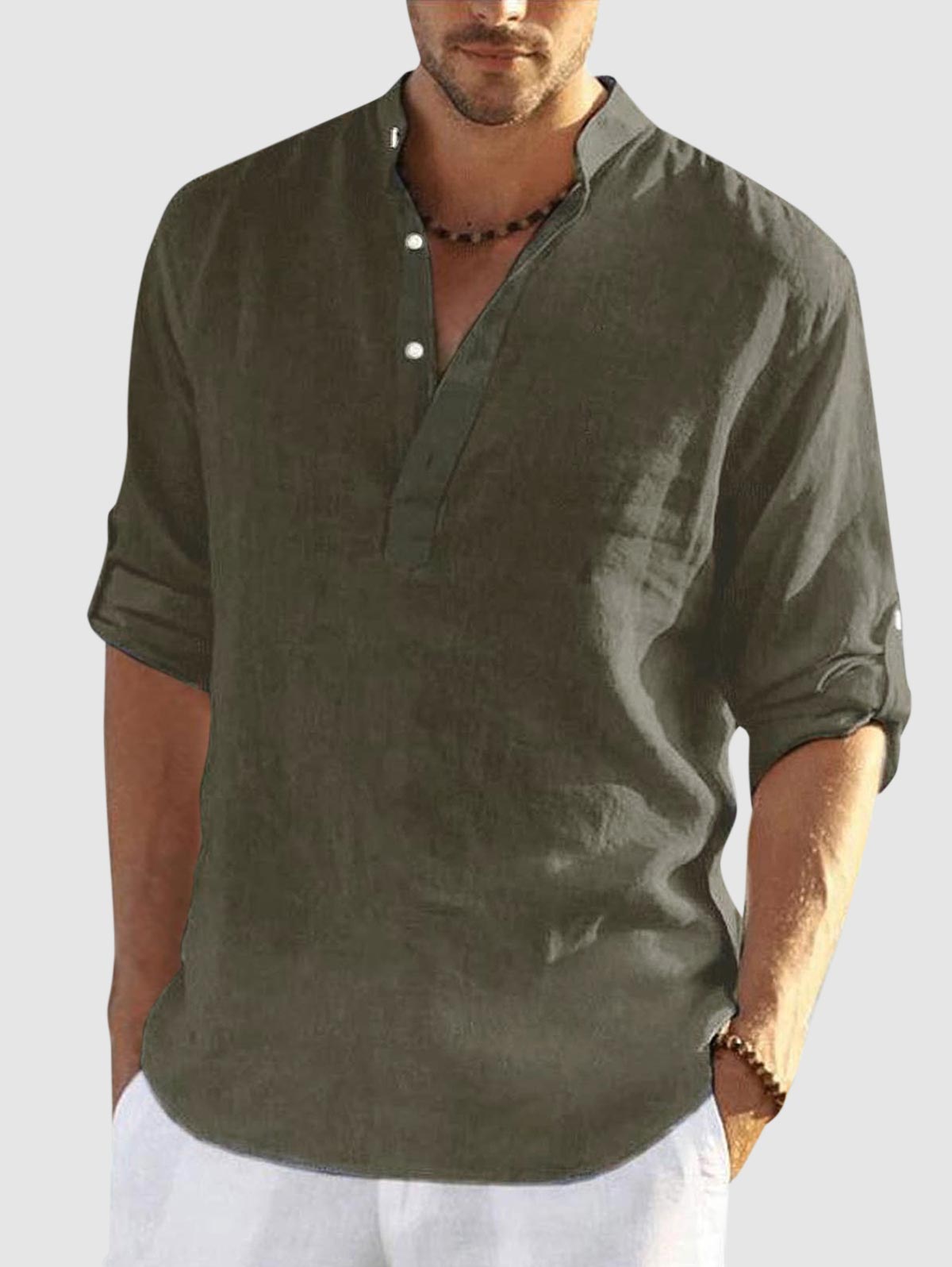 Mens Cotton and Linen Textured Long Sleeves Henley Shirt