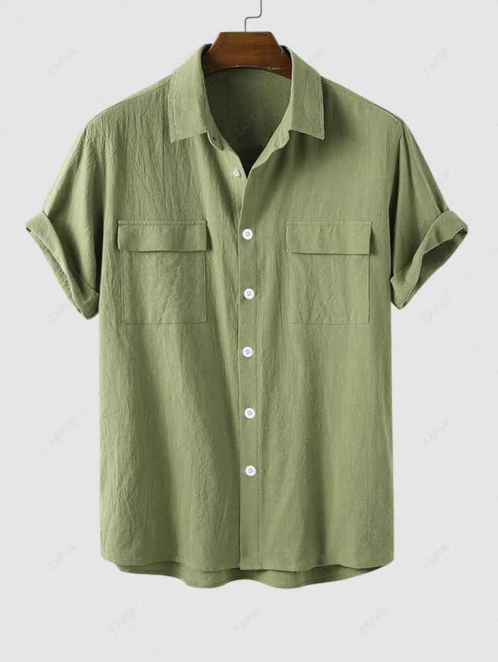 Cotton and Linen Textured Flap Pocket Design Short Sleeves Shirt