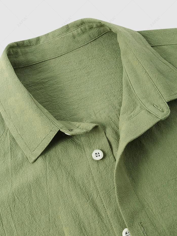 Cotton and Linen Textured Flap Pocket Design Short Sleeves Shirt