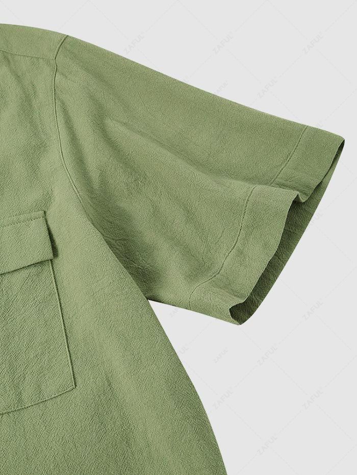 Cotton and Linen Textured Flap Pocket Design Short Sleeves Shirt