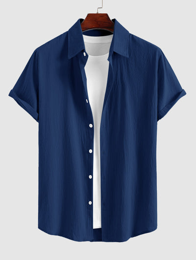 Mens Cotton and Linen Textured Short Sleeves Shirt