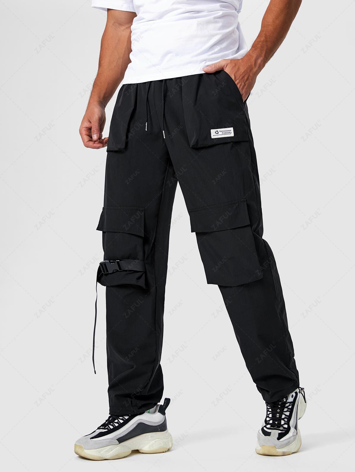 Buckle Strap Multi-pocket Solid Color Cargo Pants Kosyway