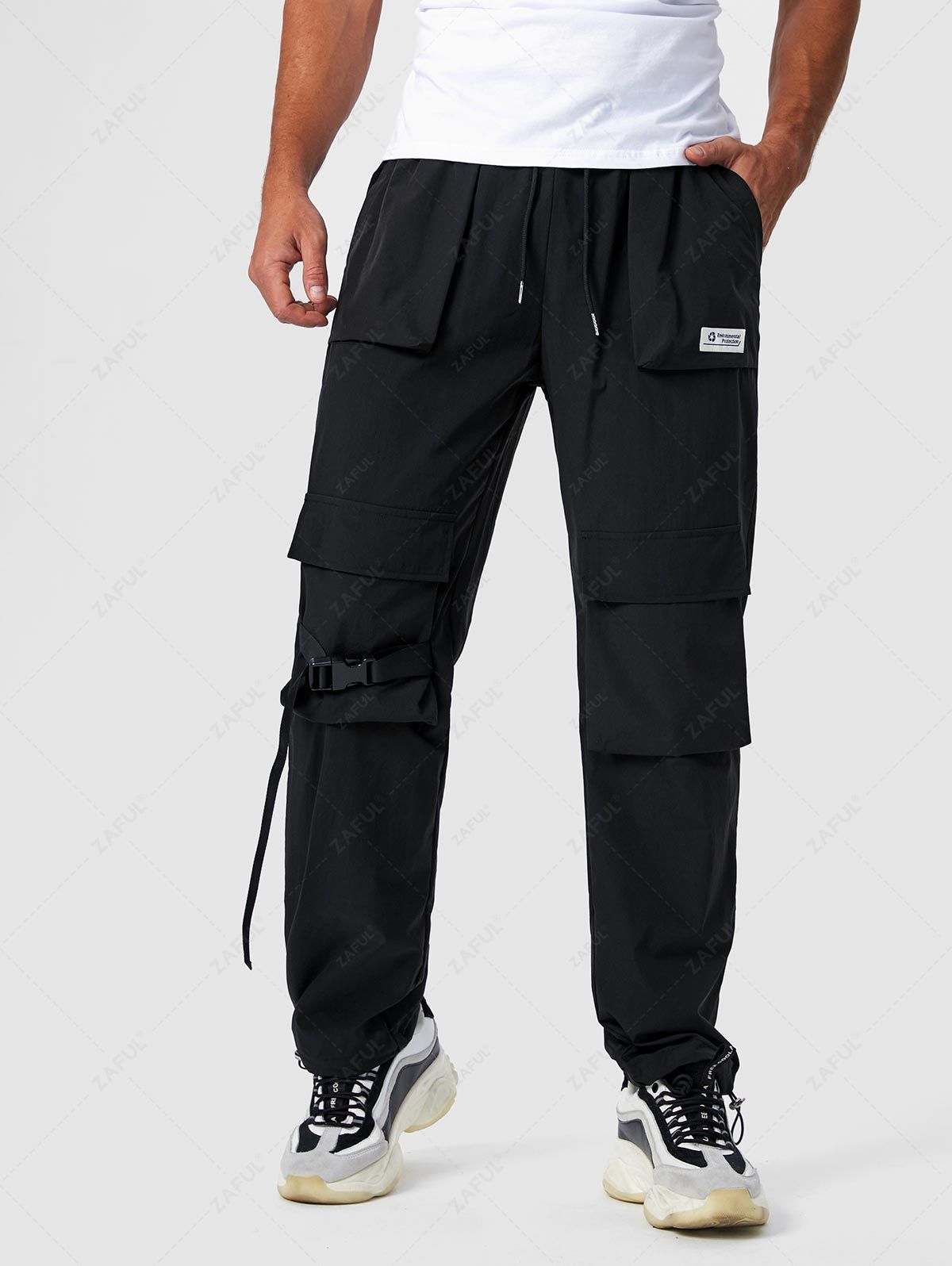 Buckle Strap Multi-pocket Solid Color Cargo Pants Kosyway