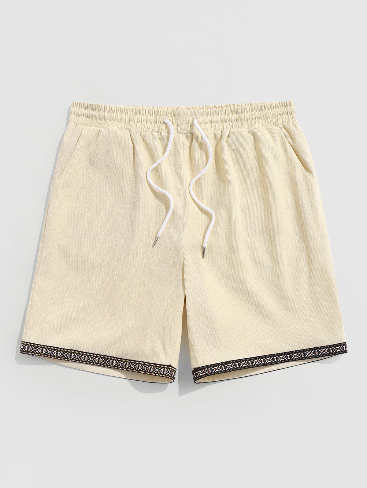 Mens Ethnic Print Trim Drawstring Corduroy Shorts