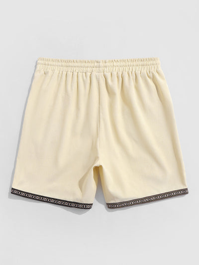 Mens Ethnic Print Trim Drawstring Corduroy Shorts