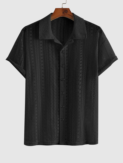 Mens Sexy Lace Sheer Openwork Short Sleeves Shirt