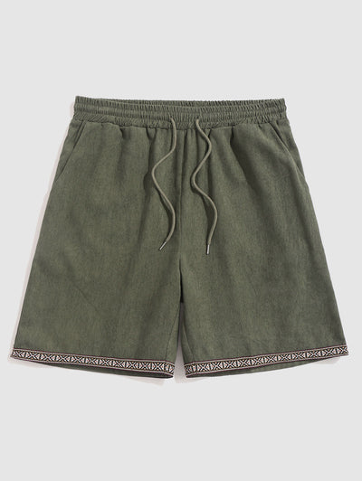 Mens Ethnic Print Trim Drawstring Corduroy Shorts