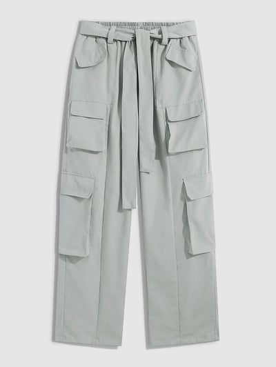 Solid Color Belted Straight Leg Cargo Pants