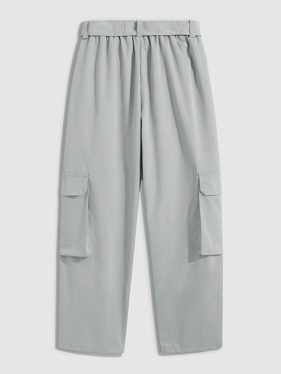 Solid Color Belted Straight Leg Cargo Pants