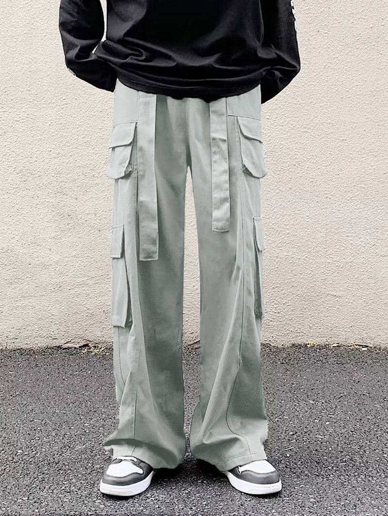 Solid Color Belted Straight Leg Cargo Pants