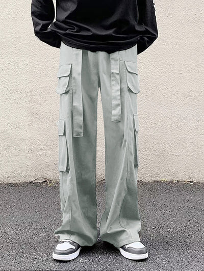 Solid Color Belted Straight Leg Cargo Pants