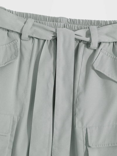 Solid Color Belted Straight Leg Cargo Pants