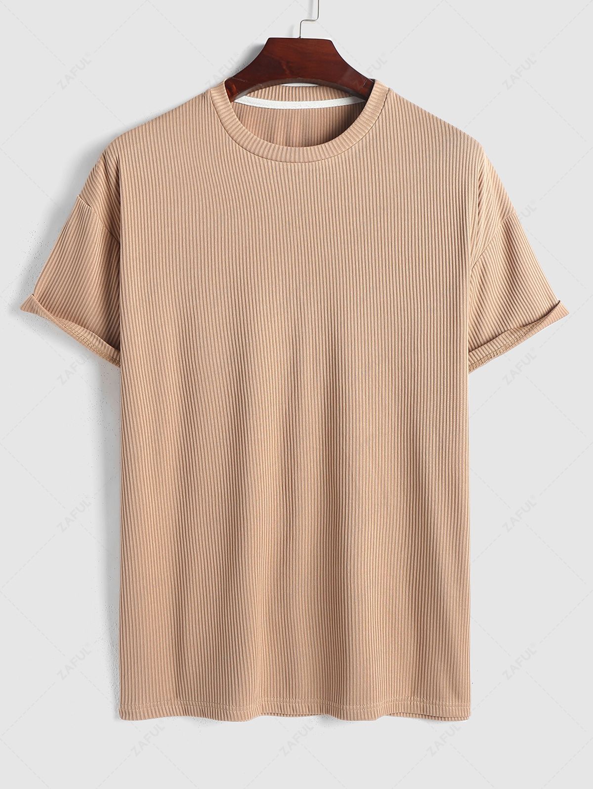 Solid Color Ribbed Textured Short Sleeves T-shirt