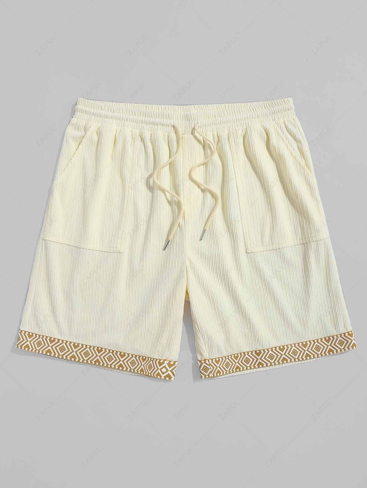 Drawstring Corduroy Woven Tape Patched Jacquard Panel Shorts