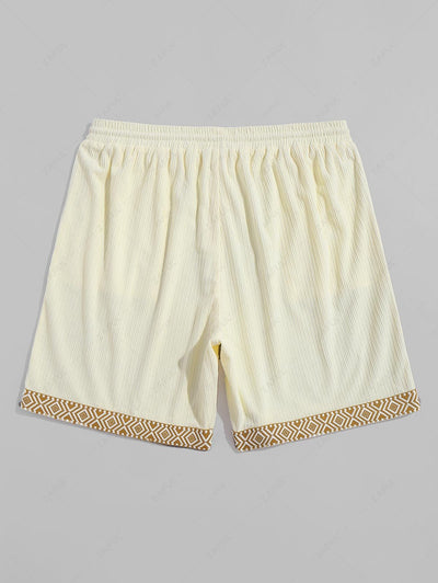 Drawstring Corduroy Woven Tape Patched Jacquard Panel Shorts