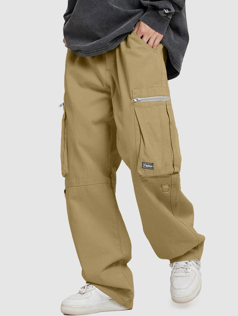 Mens Zip Pocket Wide Leg Drawstring Cargo Pants