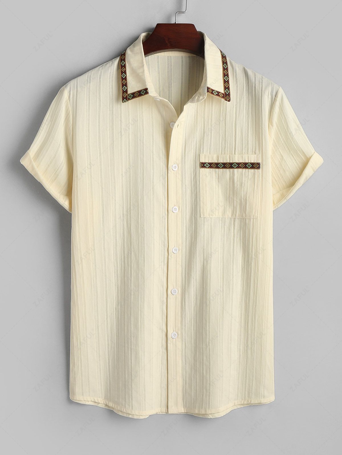 Ethnic Printed Trimmings Design Textured Short Sleeves Shirt