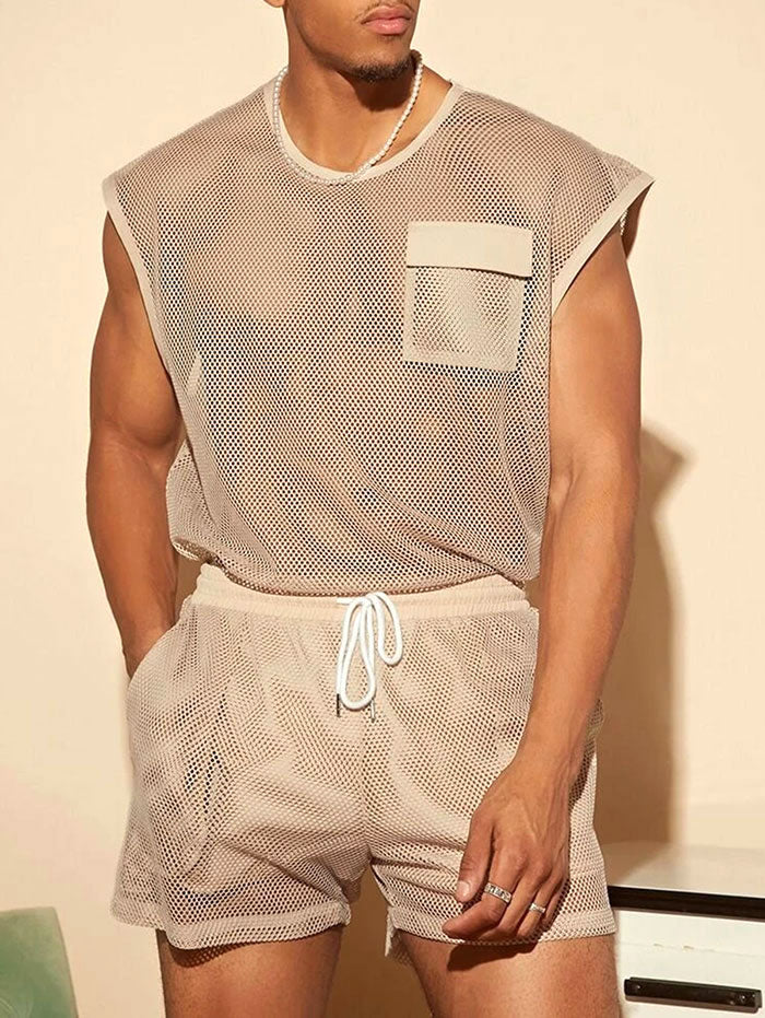 Mens Sexy Sheer Openwork Mesh Two Piece Set