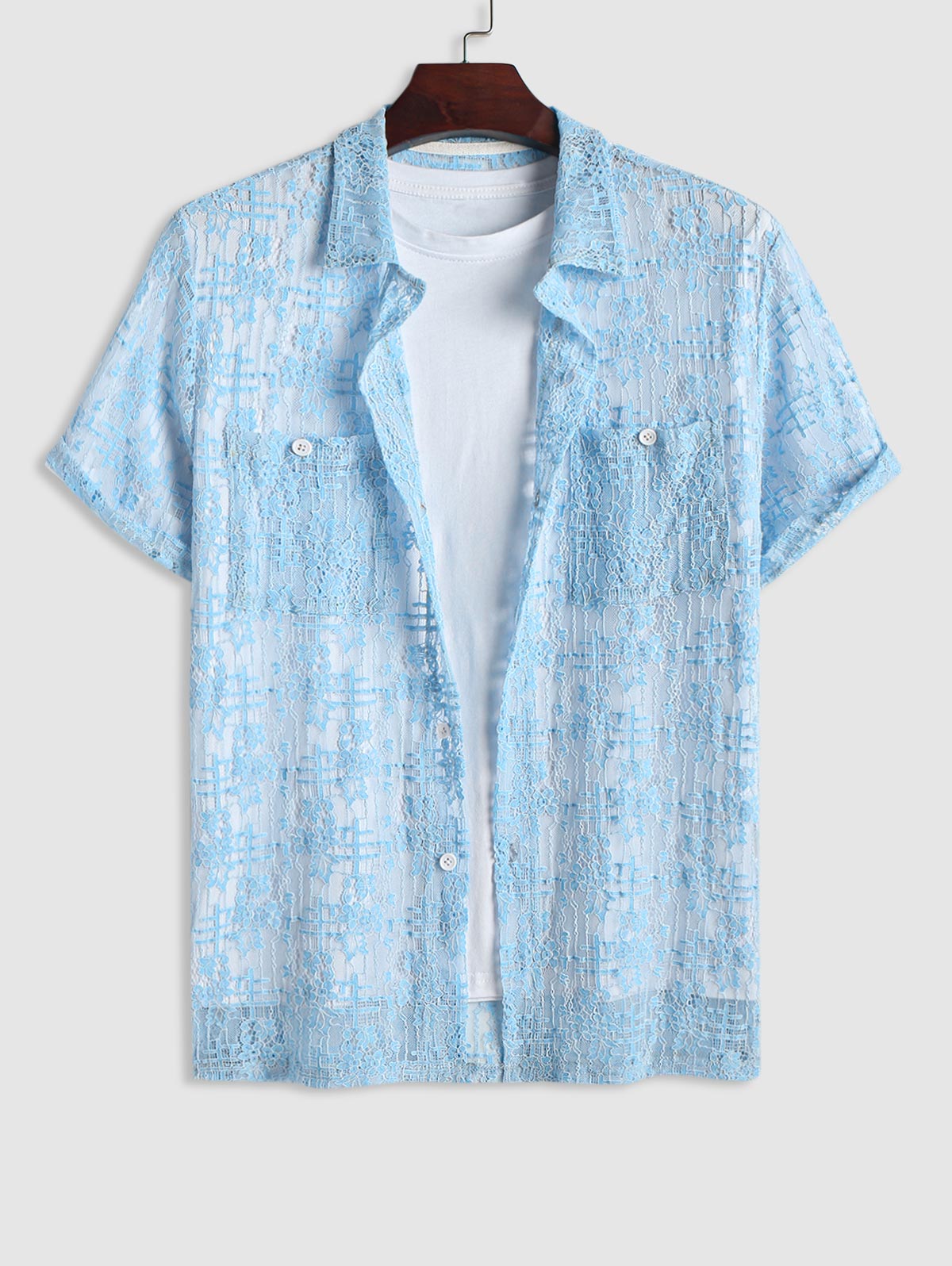 Mens Flowers Jacquard See-through Lace Shirt