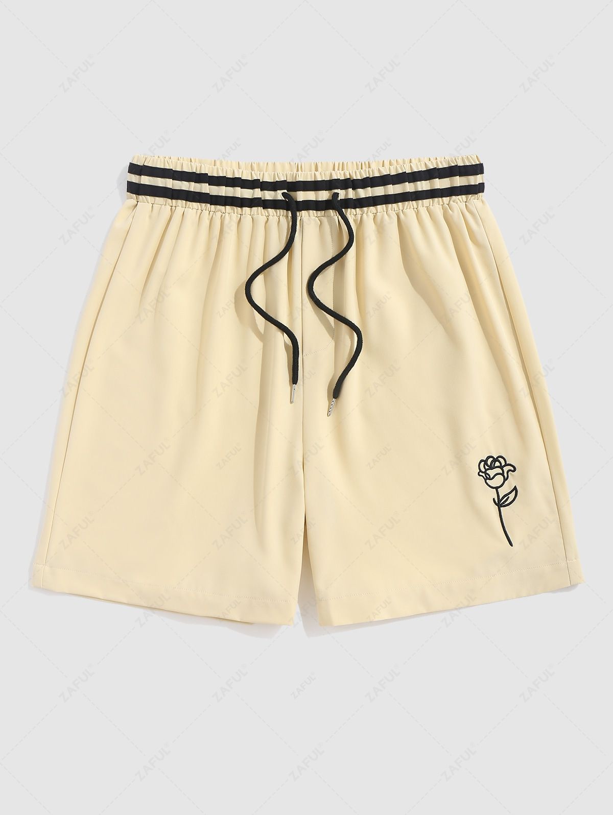 Striped Waist Rose Embroidered Casual Shorts