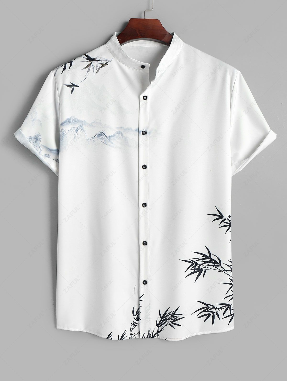 Men's Oriental Chinese Bamboo Mountain Ink Painting Pattern Stand Collar Short Sleeves Shirt Kosyway