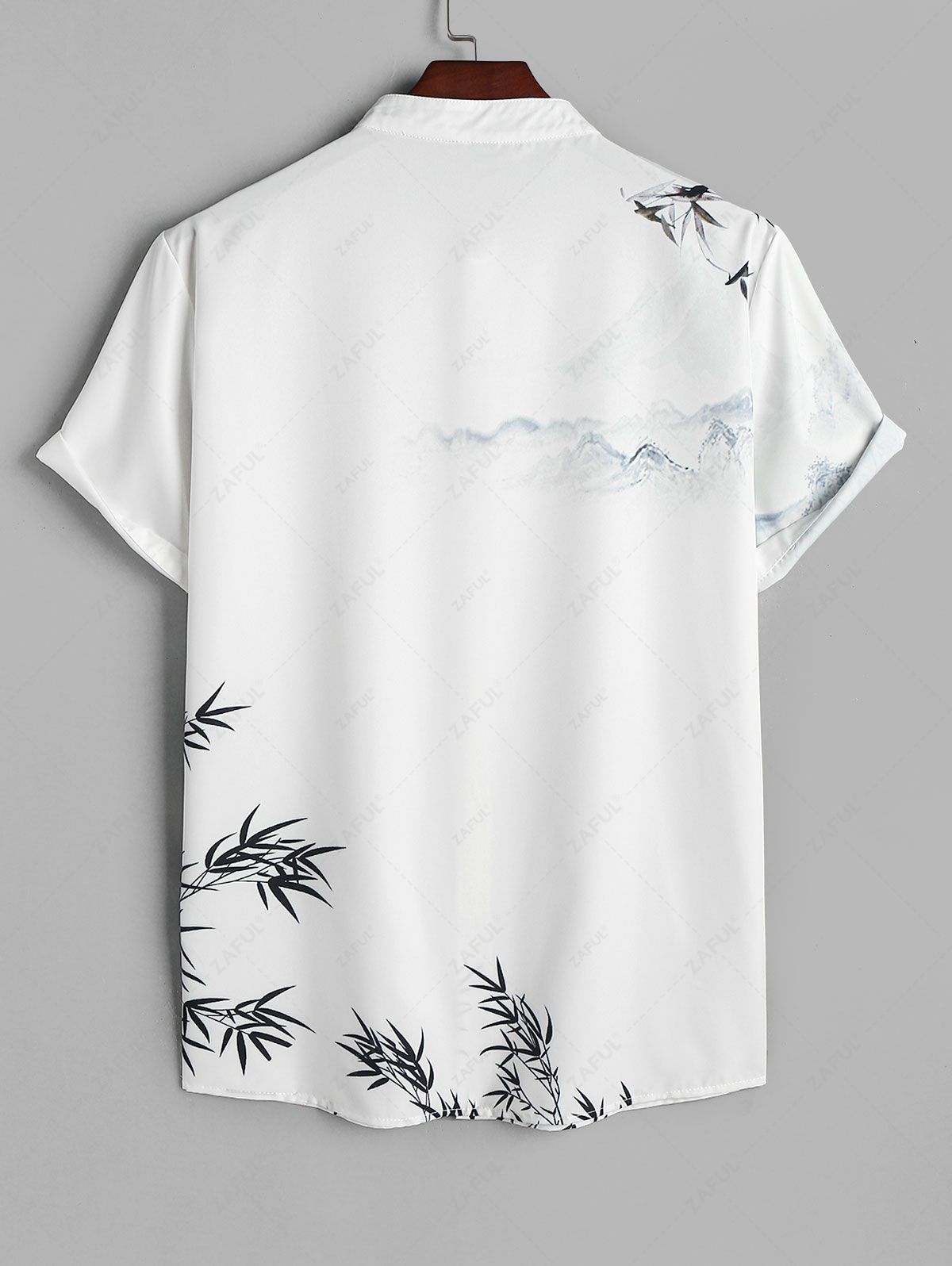 Men's Oriental Chinese Bamboo Mountain Ink Painting Pattern Stand Collar Short Sleeves Shirt Kosyway