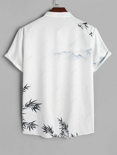 Men's Oriental Chinese Bamboo Mountain Ink Painting Pattern Stand Collar Short Sleeves Shirt