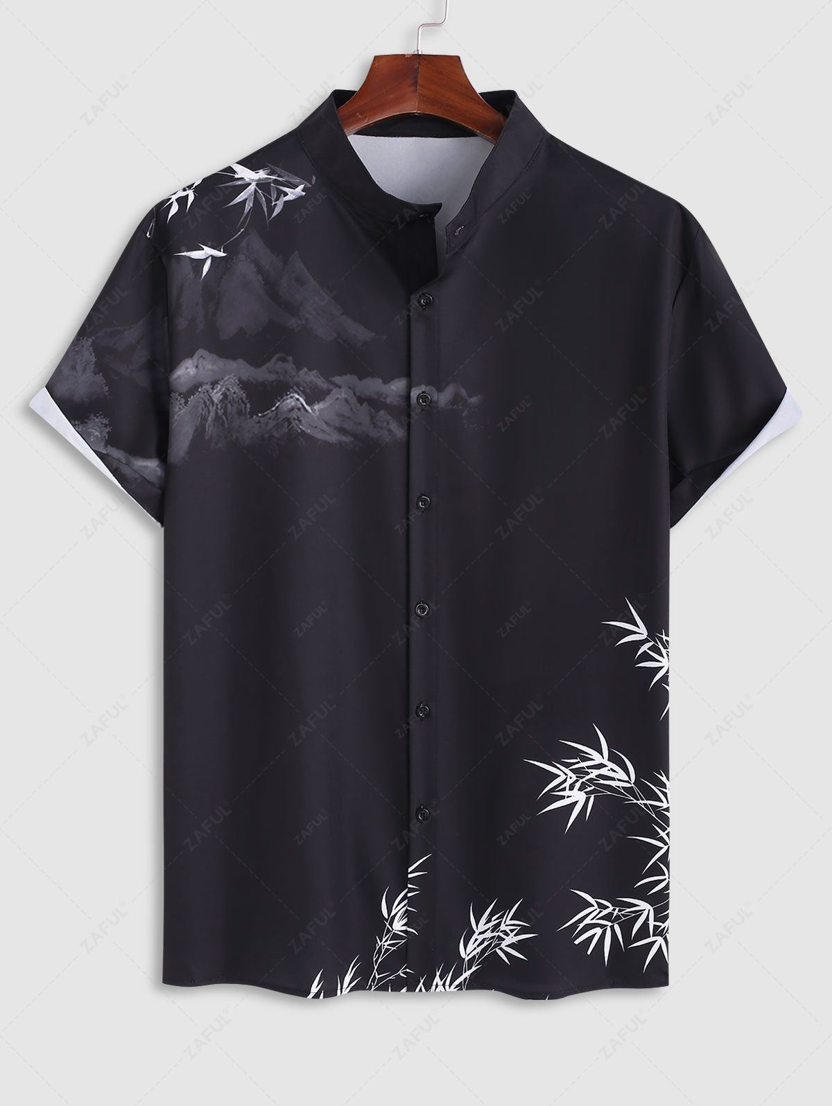 Men's Oriental Chinese Bamboo Mountain Ink Painting Pattern Stand Collar Short Sleeves Shirt