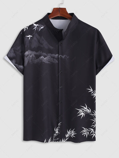 Men's Oriental Chinese Bamboo Mountain Ink Painting Pattern Stand Collar Short Sleeves Shirt Kosyway