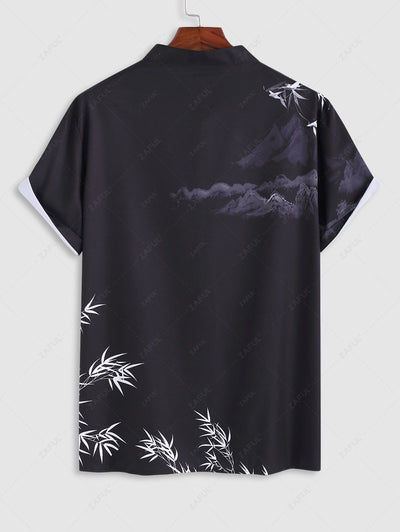 Men's Oriental Chinese Bamboo Mountain Ink Painting Pattern Stand Collar Short Sleeves Shirt