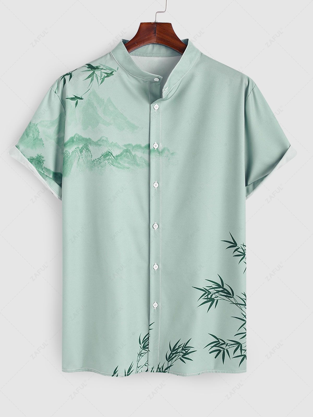 Men's Oriental Chinese Bamboo Mountain Ink Painting Pattern Stand Collar Short Sleeves Shirt Kosyway