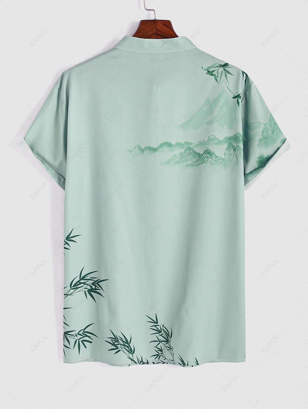 Men's Oriental Chinese Bamboo Mountain Ink Painting Pattern Stand Collar Short Sleeves Shirt