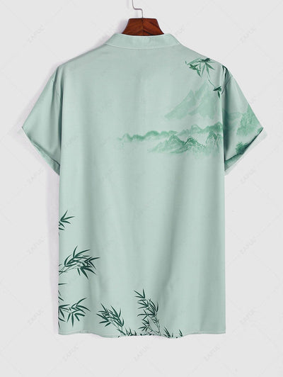 Men's Oriental Chinese Bamboo Mountain Ink Painting Pattern Stand Collar Short Sleeves Shirt Kosyway