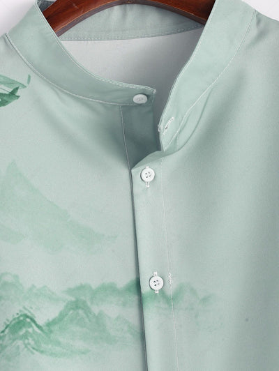 Men's Oriental Chinese Bamboo Mountain Ink Painting Pattern Stand Collar Short Sleeves Shirt