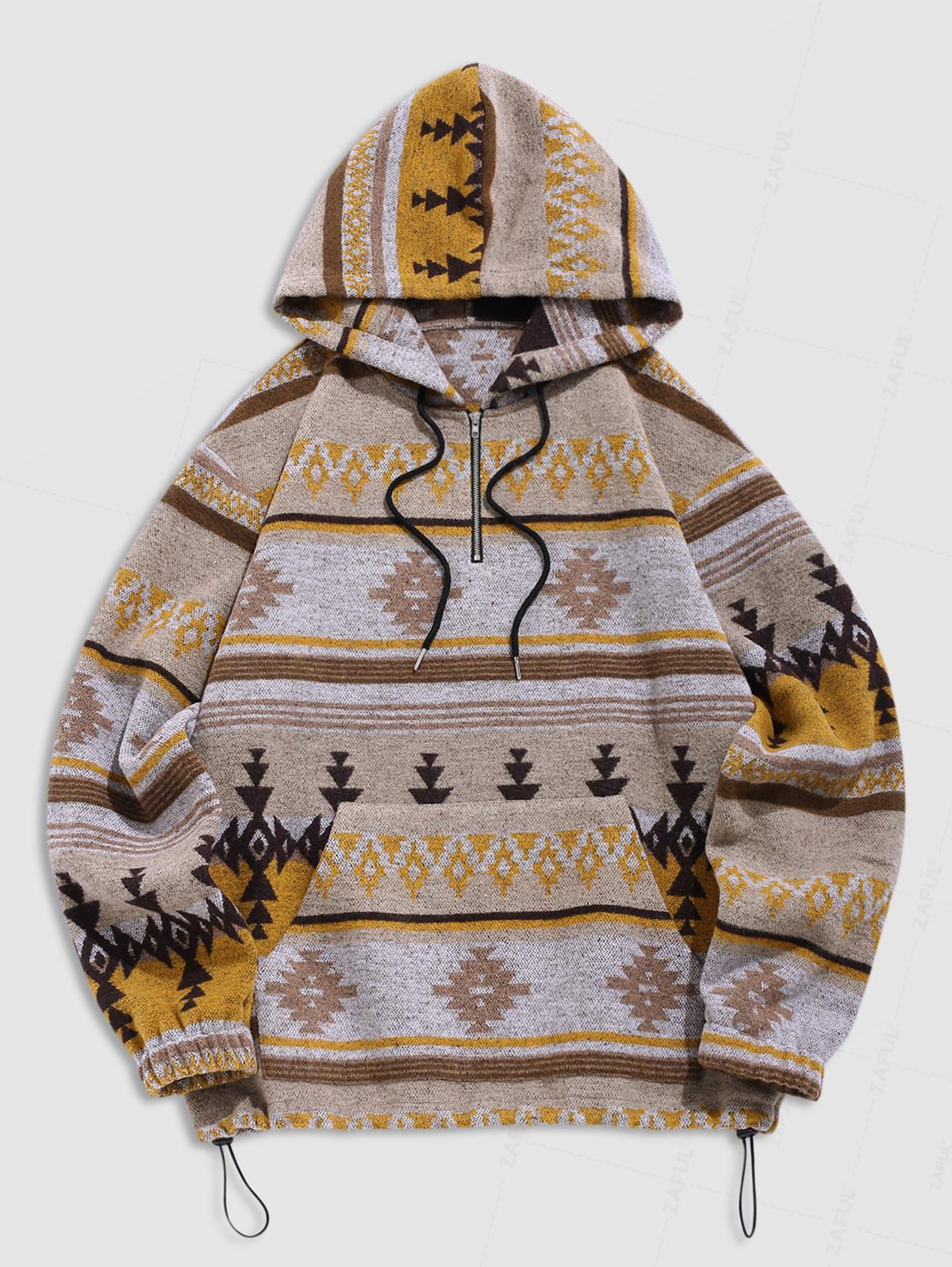 Men's Ethnic Aztec Print Fleece Toggle Drawstring Zip Placket Kangaroo Pocket Pullover Hoodie