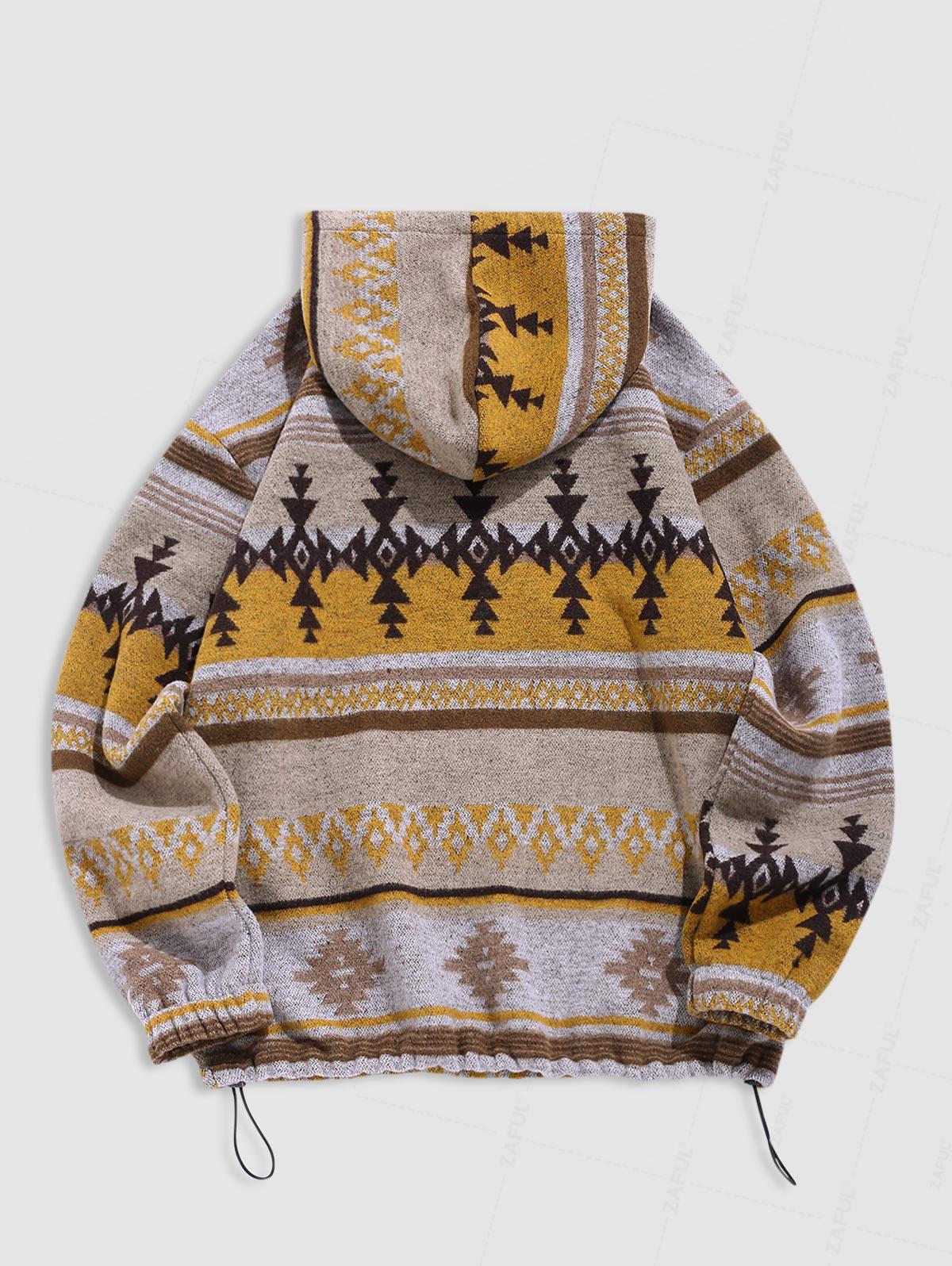 Men's Ethnic Aztec Print Fleece Toggle Drawstring Zip Placket Kangaroo Pocket Pullover Hoodie