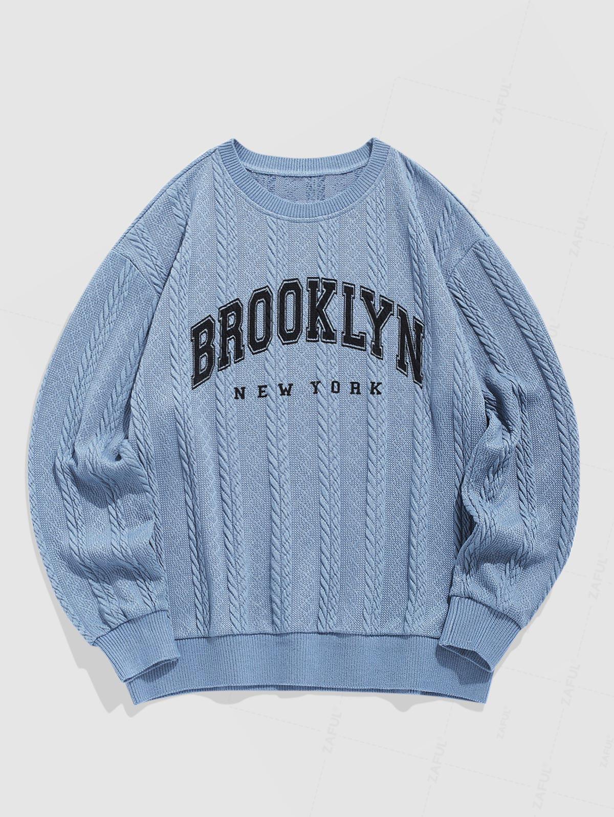 Men's Casual Letter BROOKLYN NEW YORK Graphic Printed Jacquard Textured Cable Knit Crew Neck Long Sleeve Sweater Kosyway