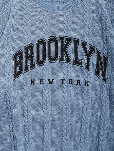 Men's Casual Letter BROOKLYN NEW YORK Graphic Printed Jacquard Textured Cable Knit Crew Neck Long Sleeve Sweater Kosyway