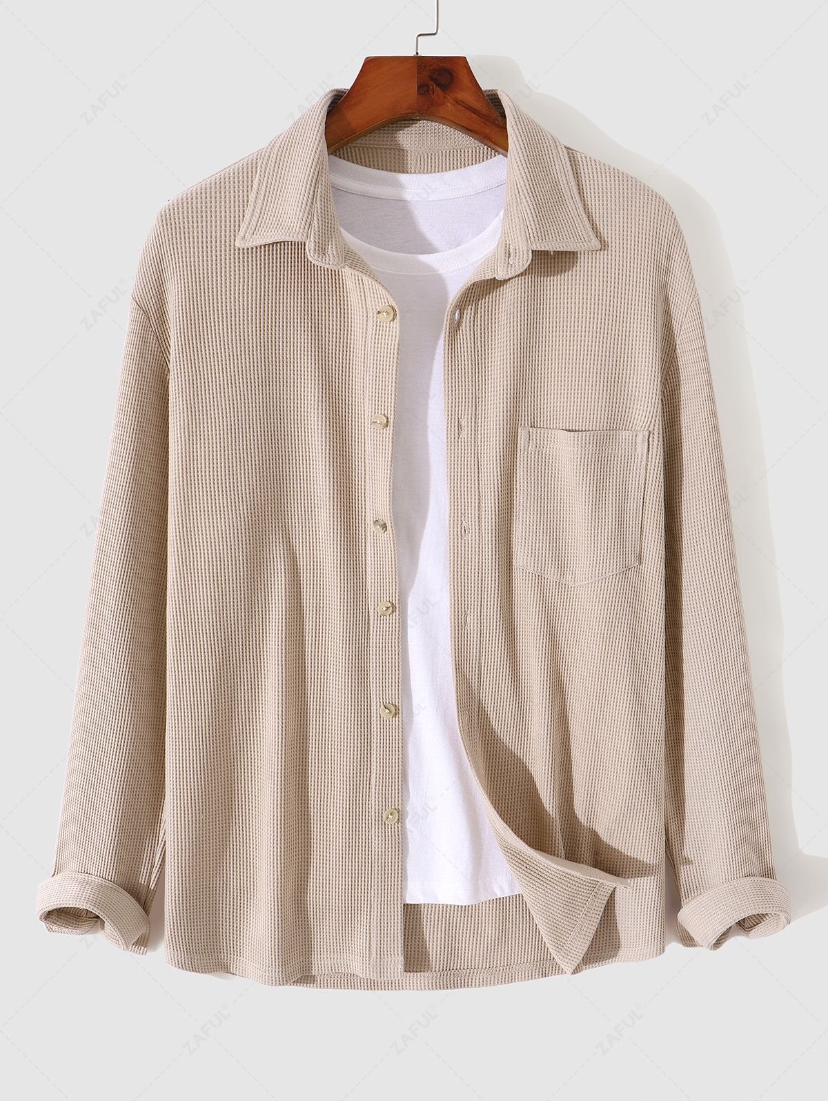 Men's Casual Daily Solid Color Textured Flap Dual Pockets Button Up Long Sleeve Cargo Style Shirt